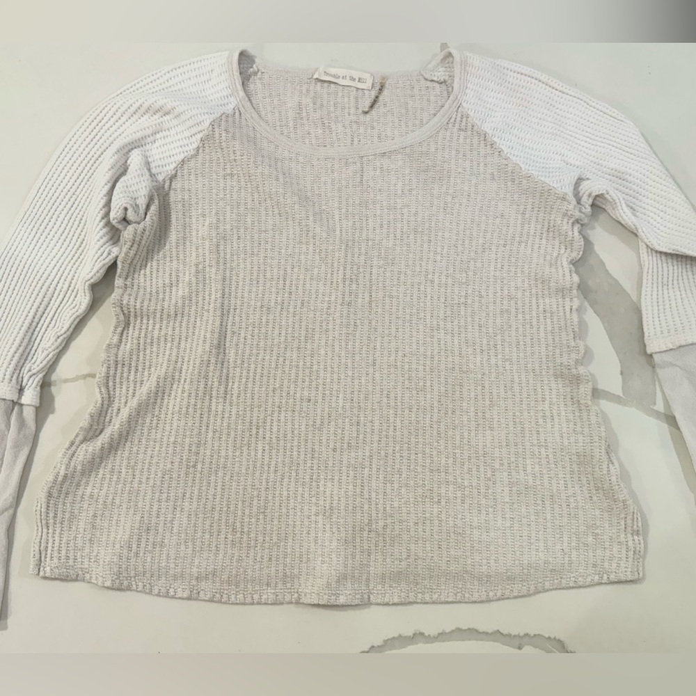 Trouble at the Mill white sweater crew scoop top